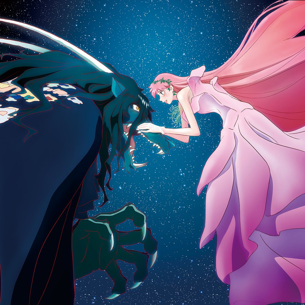 『竜とそばかすの姫』の画像。星空の中で向かい合う、ピンクのドレスの少女と竜